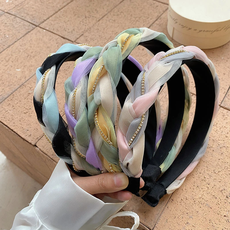 

Woven Rhinestone Chains Hair Hoop Splicing Colors Gauze Wide Head Hoop Shiny Braid Hairband Mesh Twist Braided Headband Women