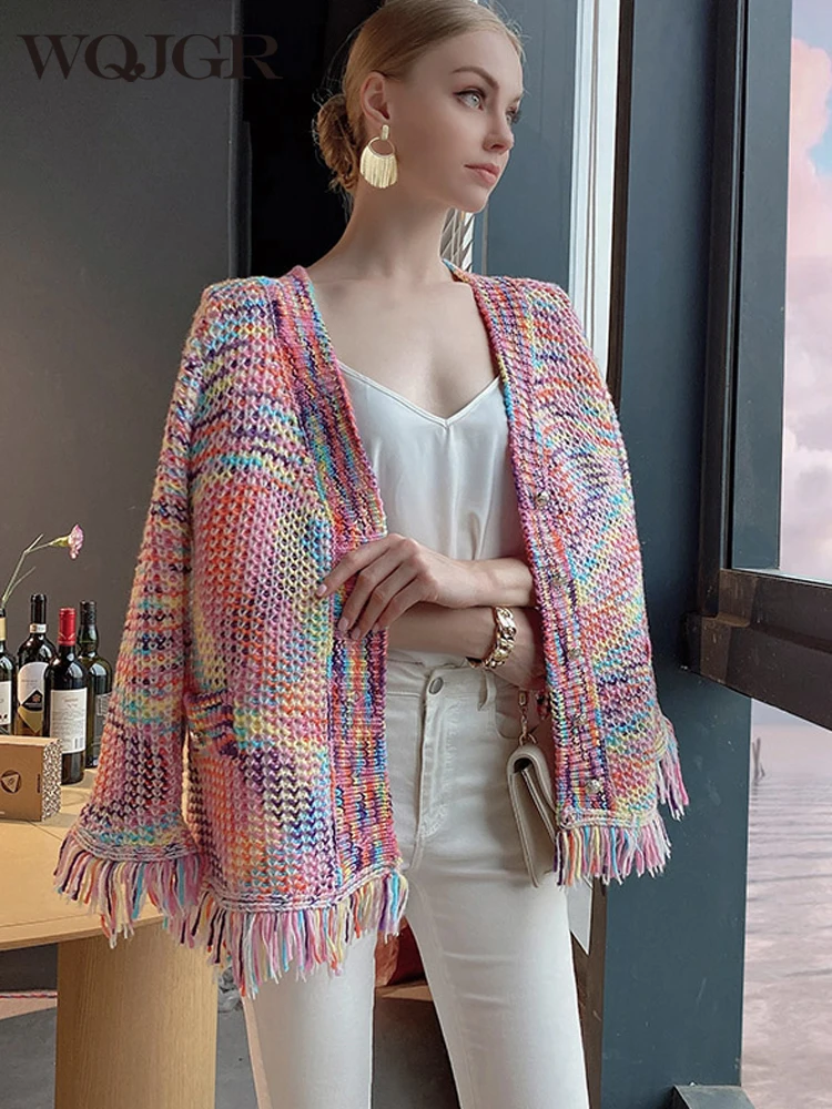 

WQJGR Autumn Winter 2022 News Knitted Sweater Cardigan Women Flare Sleeve TASSEL Casual Rainbow Single Breasted Jacket Women