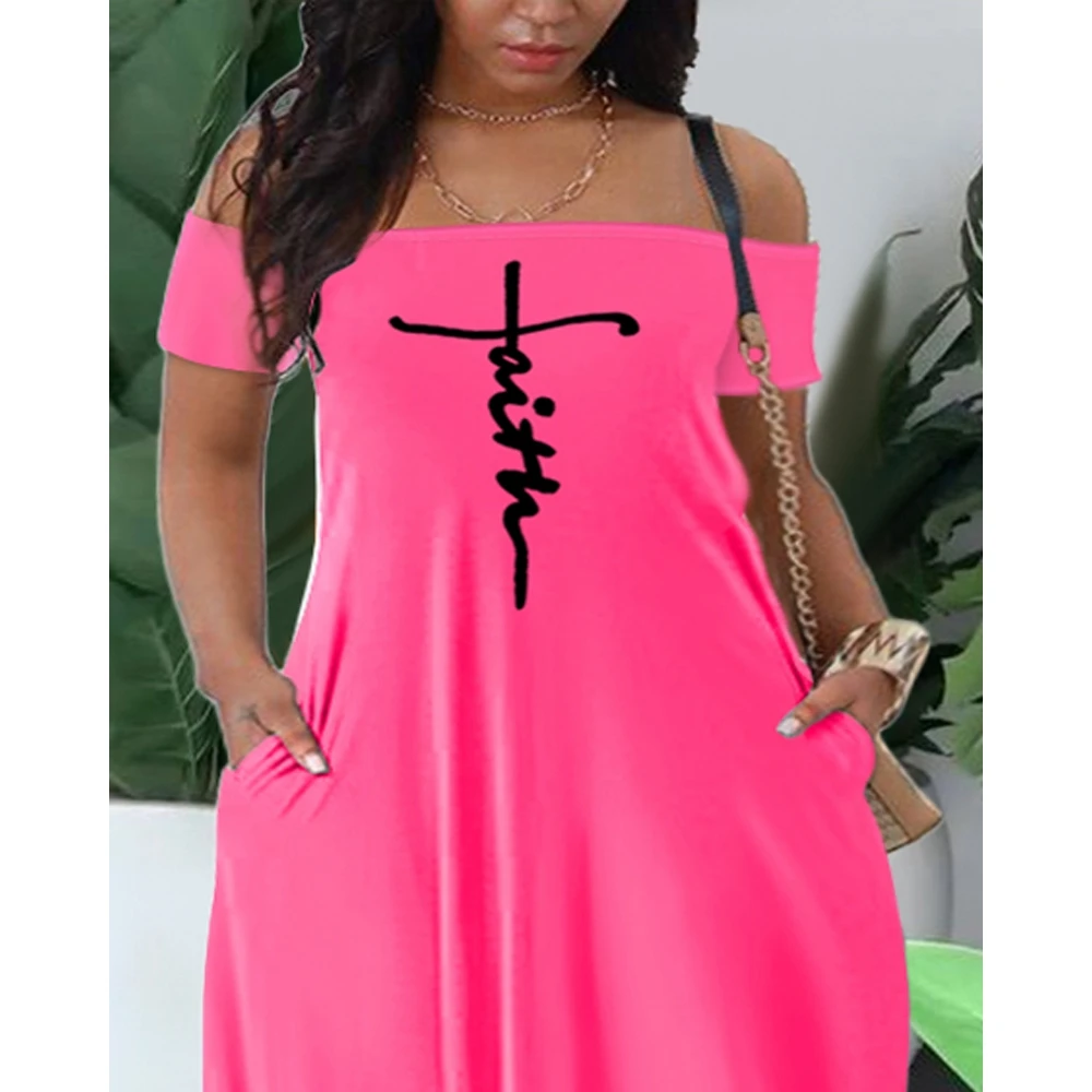 Women Faith Print Loose Slash Neck One Shoulder Wide Leg Jumpsuit Lady Loose Pocket Design Streetwear Casual One Piece Vestidos