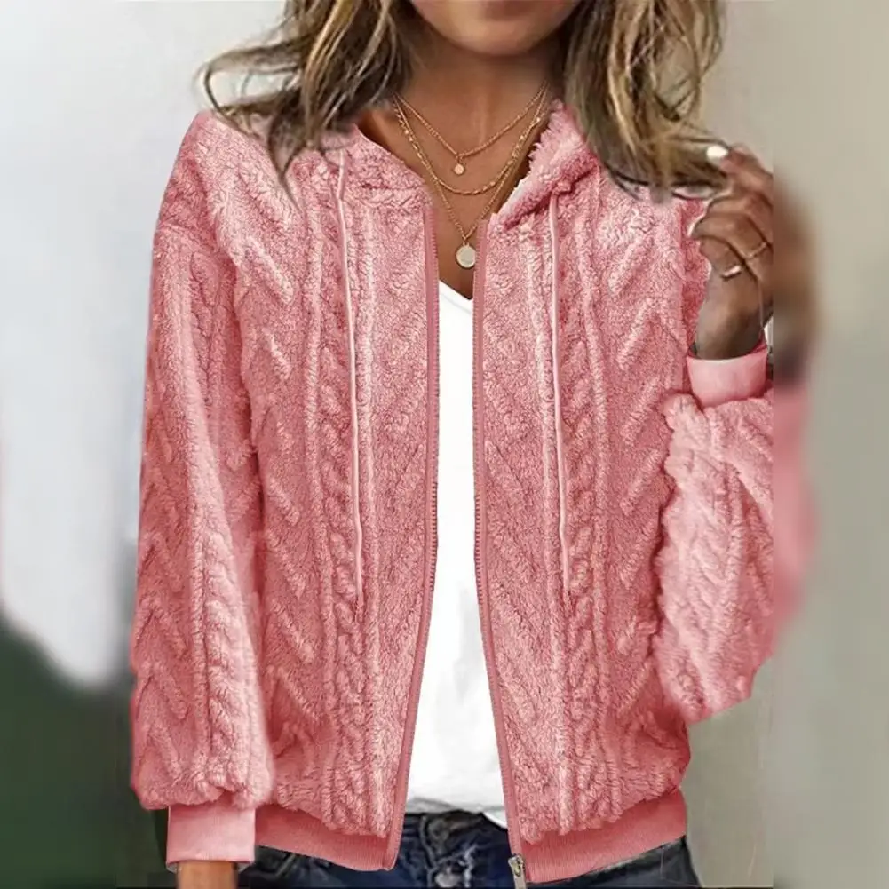 

Plush Fabric Jacket Cozy Hooded Winter Jacket for Women Warm Plush Coat with Zipper Closure Elastic Cuffs Details Women Winter