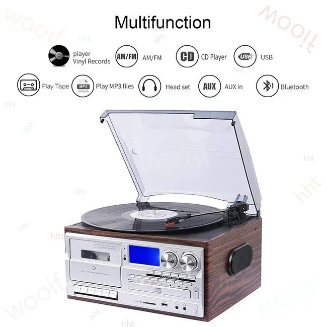 Фото Высококачественный многофункциональный проигрыватель с Bluetooth, MP3, MP4, FM-радио, поддержкой виниловых пластинок, кассет и CD. №2