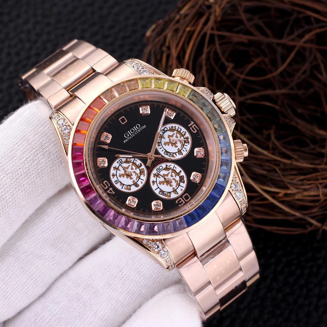 

Men Automatic Mechanical Rainbow Diamond Gold Black Watch