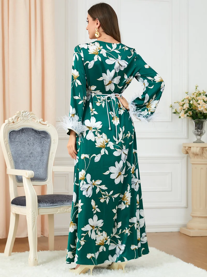 Women Muslim Abaya Floral Print Full Sleeve Elegant A-Line Belted Dress Moroccan Kaftan Ladies Dresses Islamic Clothing Ramadan