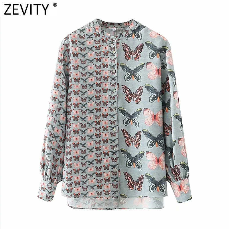 

Zevity Women Vintage Stand Collar Butterfly Floral Patchwork Print Blouse Female Lantern Sleeve Shirts Chic Chemise Tops LS9132