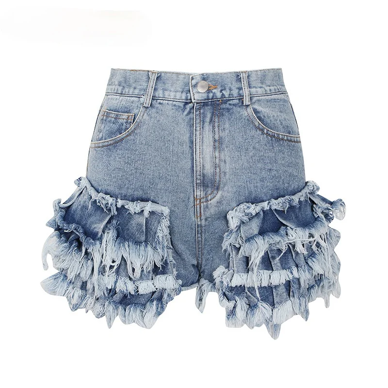 Patchwork Ruffles Blue Shorts for Women High Waist Pockets All-Match Asmmetrical Slim Short Pant Female New 2023 Summer Casual