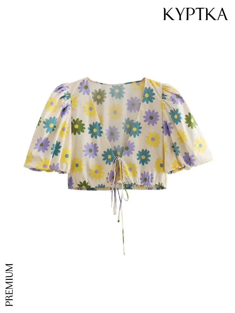 

Женская модная блузка KYPTKA, белая винтажная блузка из поплина с цветочным принтом, V-образным вырезом и пышными рукавами,