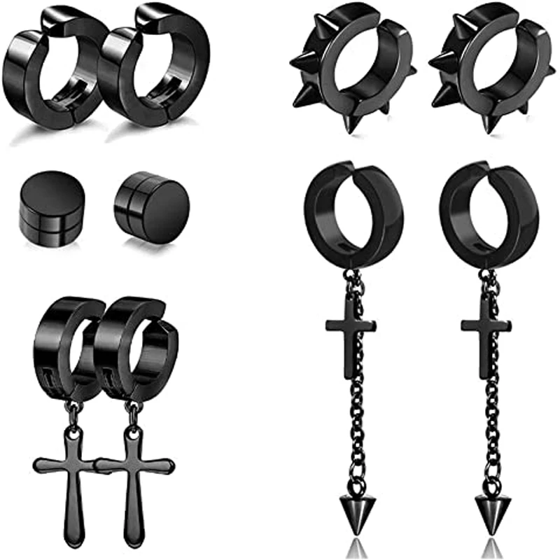 

5 Pairs Black Stainless Steel Non-Piercing Spike Rivet Cross Dangle Tassel Clip on Hoop Earrings Set for Women Men Boy Girl