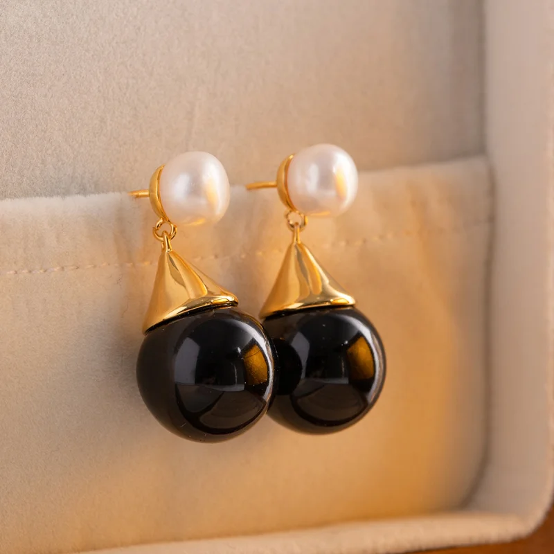 

Minar New Arrival Black Color Natural Stone Water Drop Dangle Earrings for Women 14K Gold Plated Brass Natural Pearl Earring