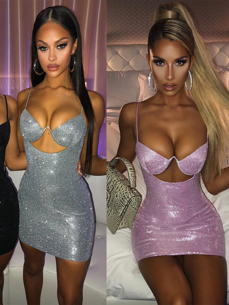 

Zoctuo Glitter Sparkle Spaghetti Straps Dress Sleeveless Bodycon Mini Party Dress 2021 Summer Women Sexy Club Dresses Clothes