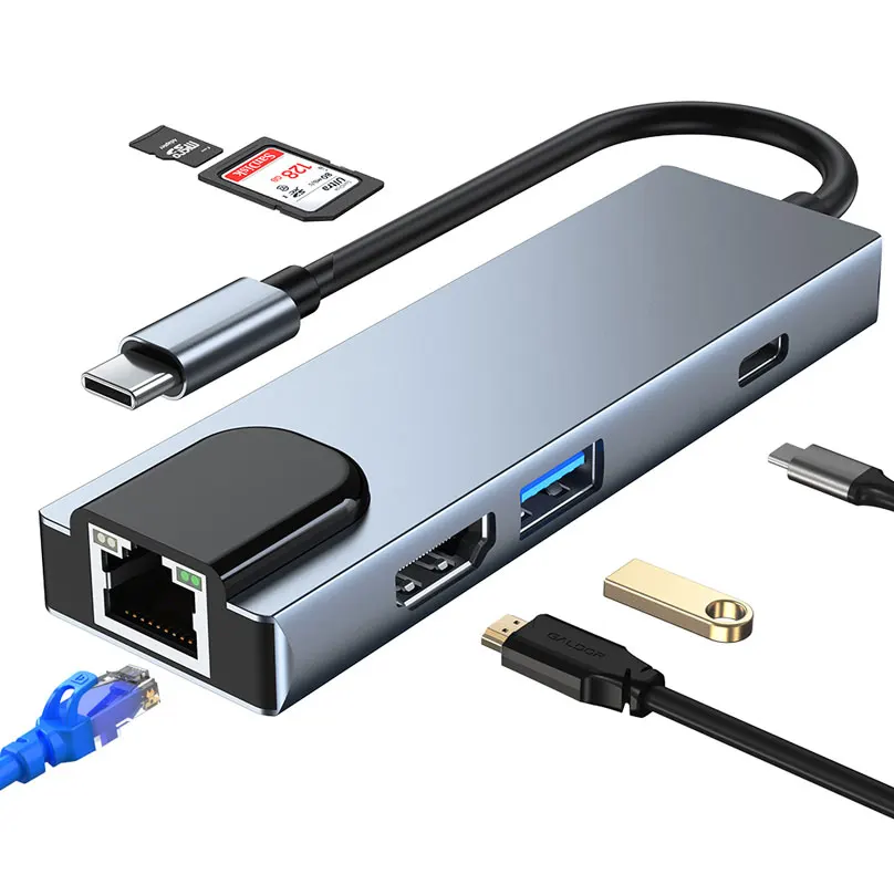 

USB-концентратор 6 в 1 с HDMI-совместимым 4K Rj45, 100 м, кардридер SD/TF, PD 3,0