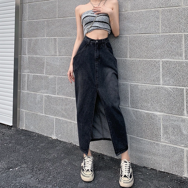 

Harajuku Office Lady Denim Skirts Womens 2022 Mid-long Solid Split Fitness Y2K Clothes Summer Slim Jeans Skirt Female Korean