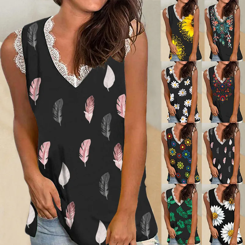 

The new floral floral print V-neck lace border cotton vest top for summer 2022 European and American women's wear