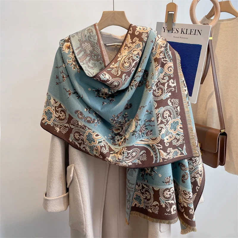 Роскошный Теплый зимний кашемировый платок, женский шарф 2022 брендовый шаль с цветочным принтом, накидка, уличное одеяло, пончо