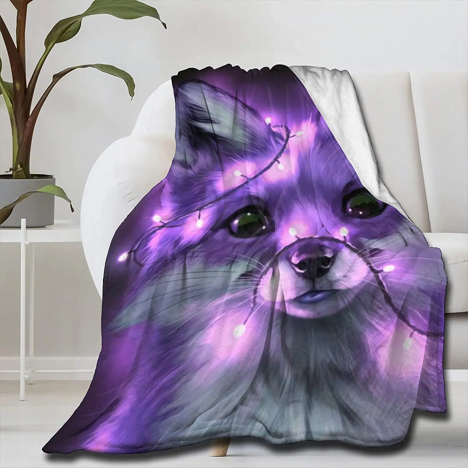 Neon Purple Fox Super Soft Flannel Throw Blankets Lightweight Comfort Home Decor for Picnic Couch Bed Cute Kawaii Animal Blanket