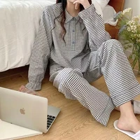 new 2 pieces woman pajamas spring autumn home suit korean sleepwear plaid print long sleeve homewear loungewear