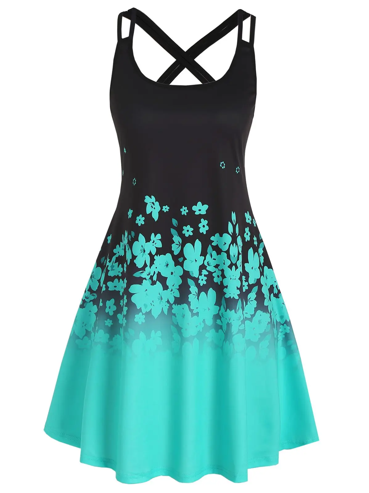 

Dressfo Flower Print Mini Dress Gradient Color Sleeveless Strappy Dress Cross Back Floral Cami Dress for Vacation Women Dress
