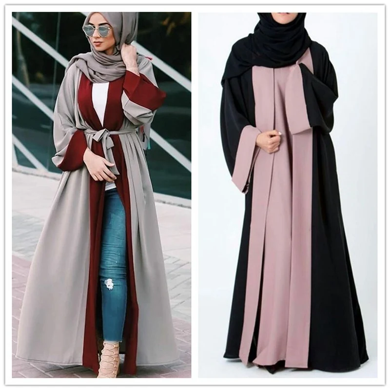 

Muslim Dress Women Stitching Robe Turkish Cardigan Islamic Long Dresses Muslim Fashion Dubai Abaya Turkey Long Cardigan Belt