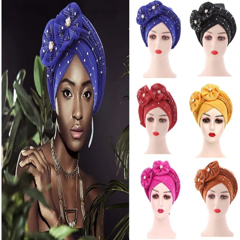 

Flowers Sparkling Diamonds Bonnets for Women Already Made Auto Gele Hijab Aso Oke Headtie Scarf Headwraps Turban Hat for African