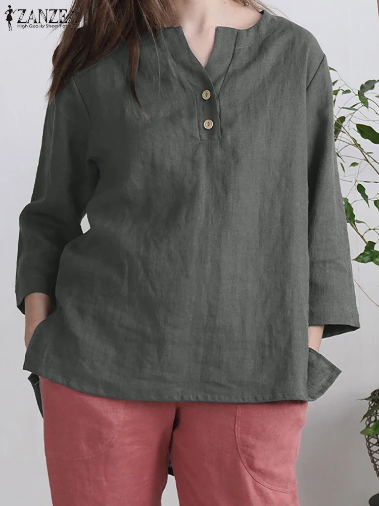 

2022 ZANZEA V-Neck Solid Color Tops Cotton Women's Blouse Femme Fashion Causal Elegant Shirt Oversized Vintage Work OL Shirts
