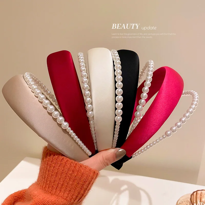

Korean Pearl Cloth Sponge Double Layer Headband Personality Fashion Wide Edge Hair Compression Simple Net Red
