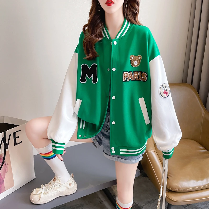 All-match Plus Size 5xl Hit Color Single-breasted Women Clothing Korean Loose Preppy Style Baseball Uniform Jacket Loose Jackets