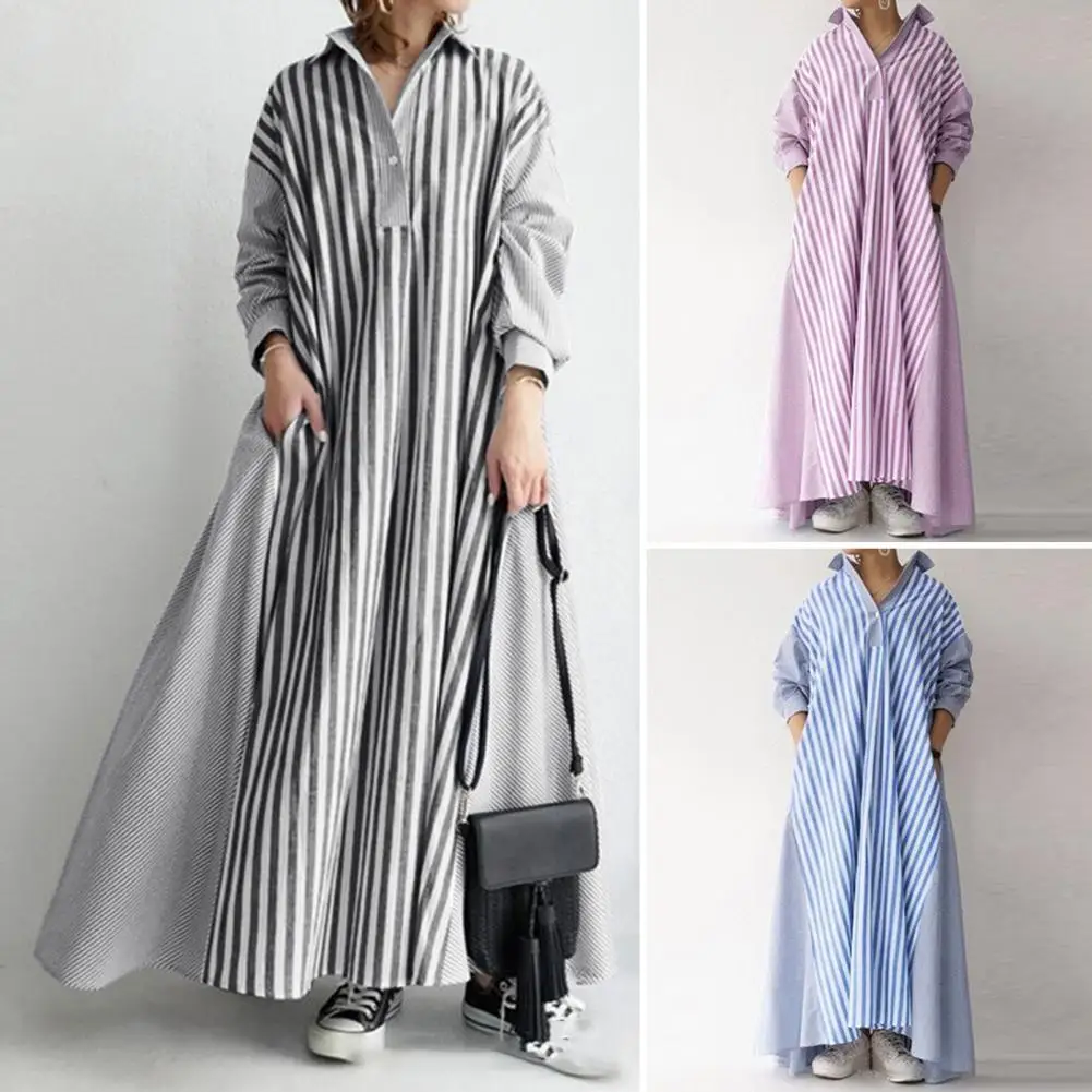 

Women Fall Maxi Dress Striped Print A-line Loose Hem Lady Dress Turn-down Collar Long Sleeves Lady Spring Long Dress