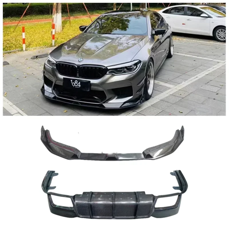 Фото Для BMW M5 F90 2018-2022 передний бампер из углеродного волокна, задний диффузор, боковая юбка, спойлер, выхлопная крышка, комплект кузова №1