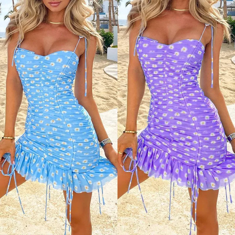 

2023 Spring and Summer Fashion New Slim Mini Skirt, Printed Sexy Halter Pleated Short Dresses Dresses Women
