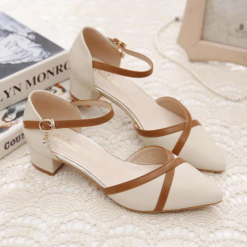 

Baotou Sandals 2023 New Spring and Summer One-word Buckle Mid-heel All-match Color Matching Pointed Toe Single Shoes Women