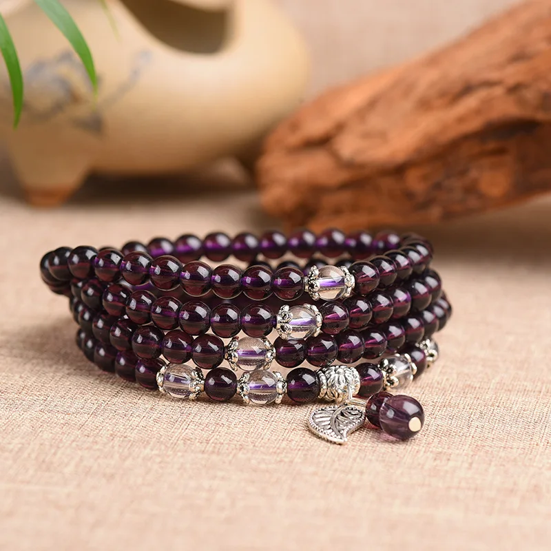 

Natural Purple Crystal 108 Beads Mala Bracelet 8MM Beads Women Men Wing Charm Yoga Bracelets Handmade Accessories Jewelry Gift