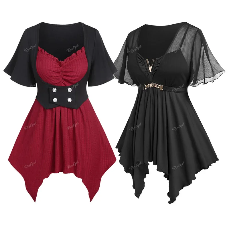 

ROSEGAL Plus Size Women's Fake Two Pieces T-shirts Black Mesh Panel Handkerchief Tee Red Ruffles Ruched Textured Colorblock Top