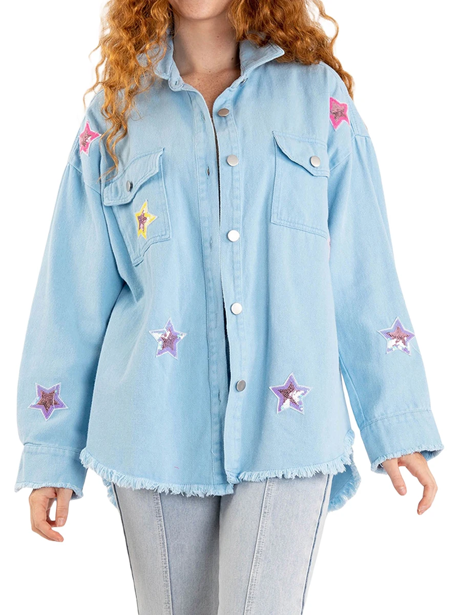 

Women Personality Star Sequin Jackets Long Sleeve Turn Down Collar Button Closure Distresse Hem Loose Coats Fashion Demin Tops