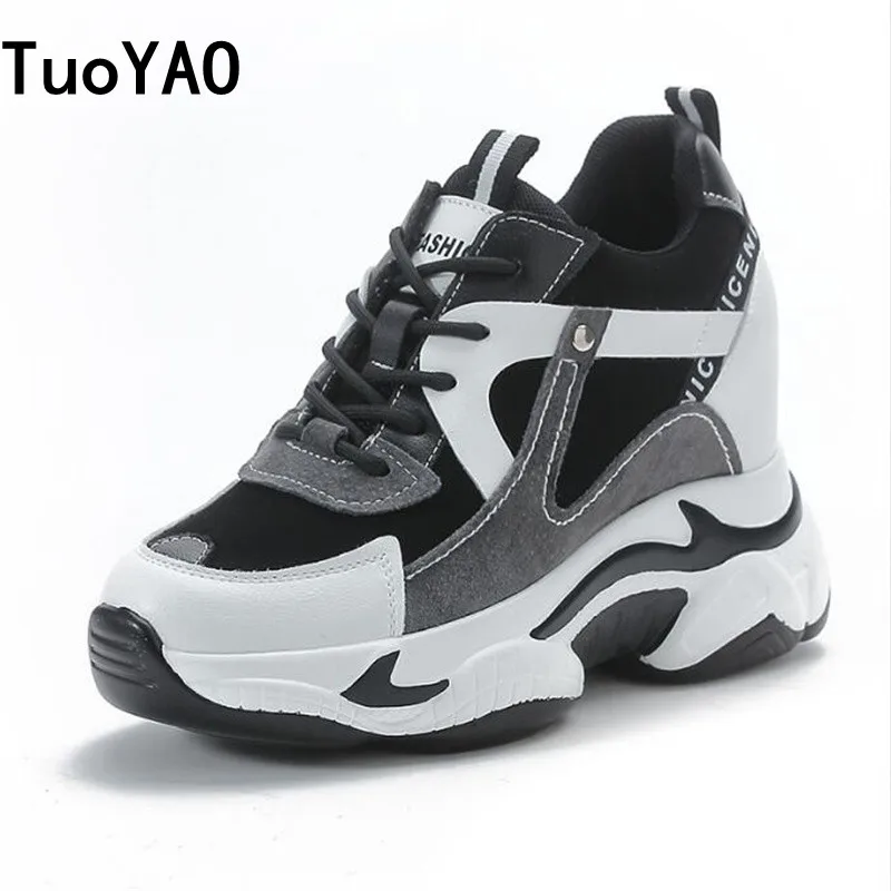 

Women 9CM Genuine Leather Platform Height Increased Shoes Chunky Sneaker Black Casual Shoes Comfortable Breathable Spring Autumn