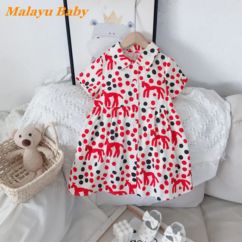 

MALAYU BABY Toddler Child Shirt Dress 2022 Summer New Cute Girl Cartoon Polka Dot Print Princess Costume 2-7 Year Kids Clothing