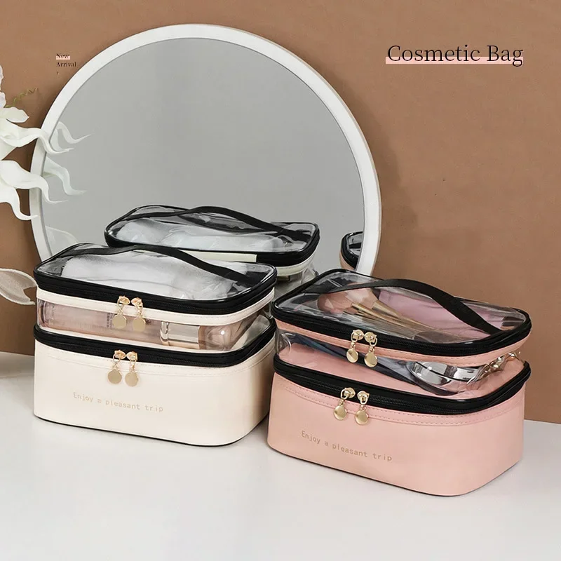 

PU Leather Double Layer Cosmetic Storage Bag Waterproof Transparent Toiletries Handbag Travel Leisure Cosmetics Organizing Pouch