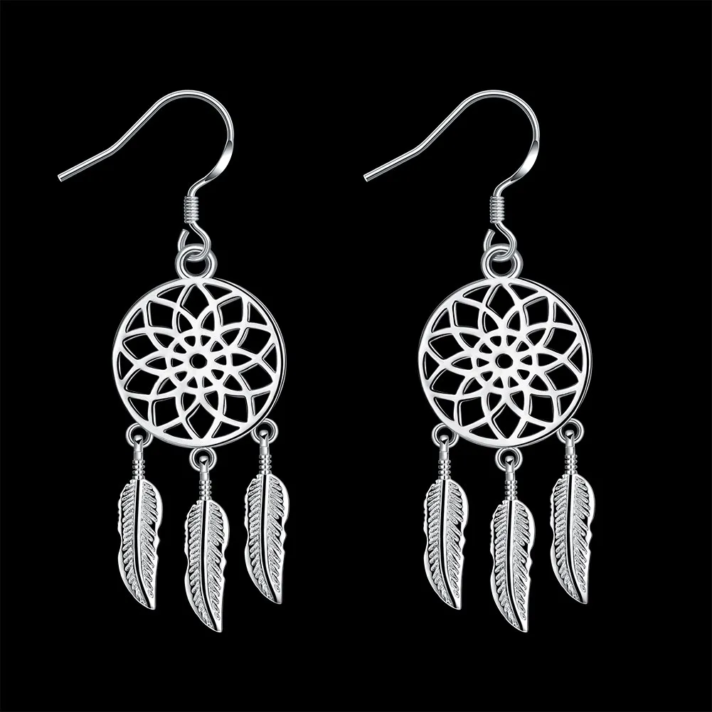 

925 Sterling Silver Dream catcher feathers earrings for women Luxury Fashion Party Wedding Accessories Jewelry Christmas Gifts
