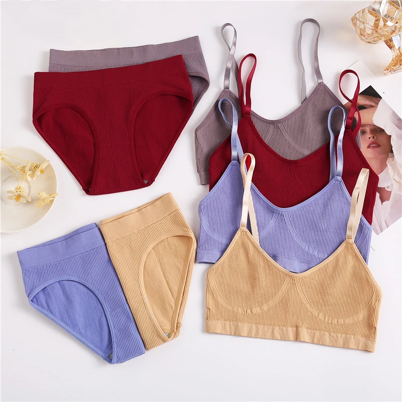 

2PCS/Set Women Seamless Bra Panties Set Sexy Stretch Sport Bra Thong Briefs Style Panty Bralette Crop Top Intimates Lingerie Set