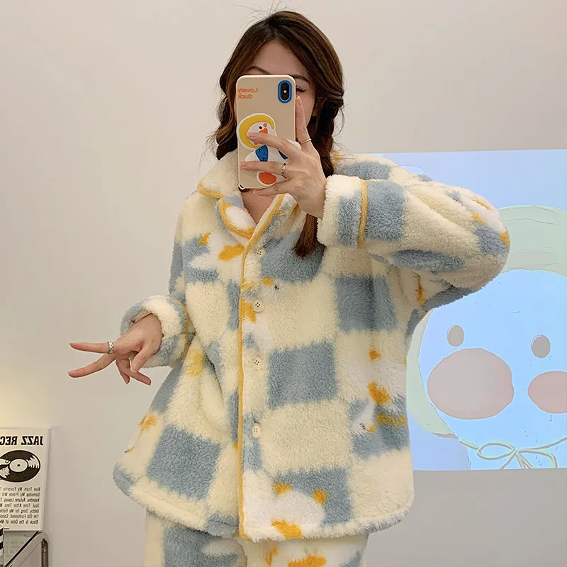 Yasuk Autumn Winter Fashion Women's Casual Lovely Print Dunk Warm Soft Sleepwear Pajamas With Pants Velvet Pullover Thick Button