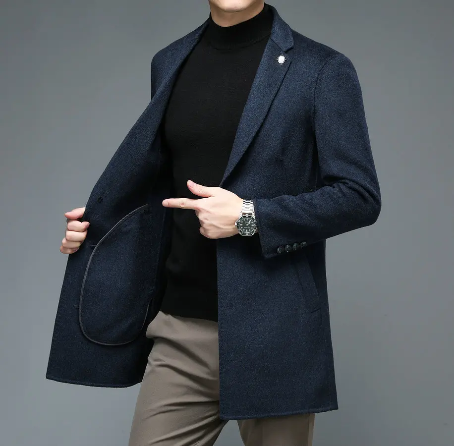 

England Style Men Elegant Cashmere Wool Overcoat Blue Black Notched Collar Single Button Woolen Blend Coat Winter Autumn Outfits