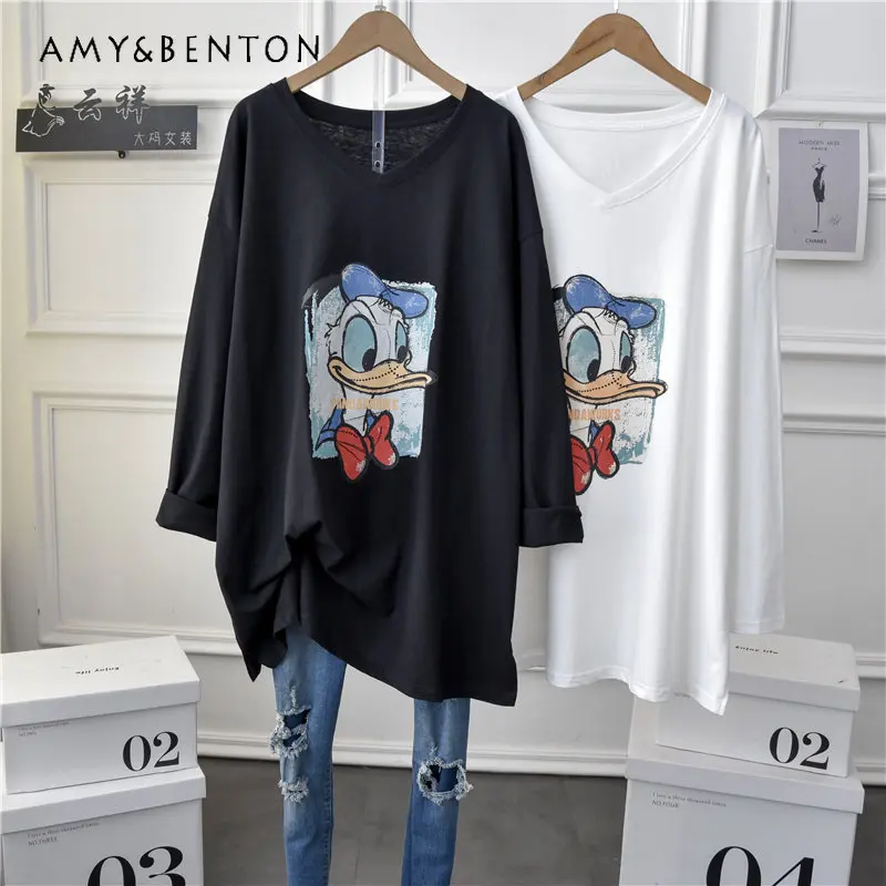 

Women's Oversize Pure Cotton Cartoon Long-Sleeved T-shirt Loose Slimming Bottoming Shirt Top V-neck T-shirt for Ladies Fashion