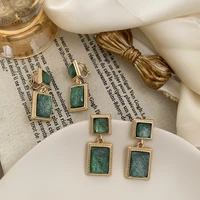 vintage baroque green color crystal earrings for women gold color metal double layers square geometric drop earrings jewelry