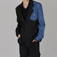 Men's Outfits Personality Denim Stitching Suit Jacket+Loose Pants Korean Fashion Singer Stage Performance Costume Streetwear