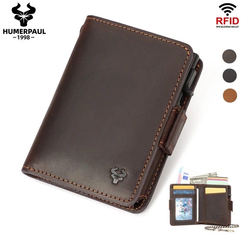 Кожаный держатель для карт Crazy Horse с RFID-защитой, смарт-держатель для карт, модный мужской кошелек с длинной цепочкой с защитой от кражи
