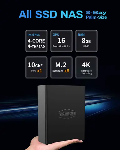 TERRAMASTER F8 SSD NAS Storage — четырехъядерный процессор с 8 отсеками SSD N95, 8 ГБ ОЗУ, мощное сетевое хранилище размером с ладонь (без дисплея)
