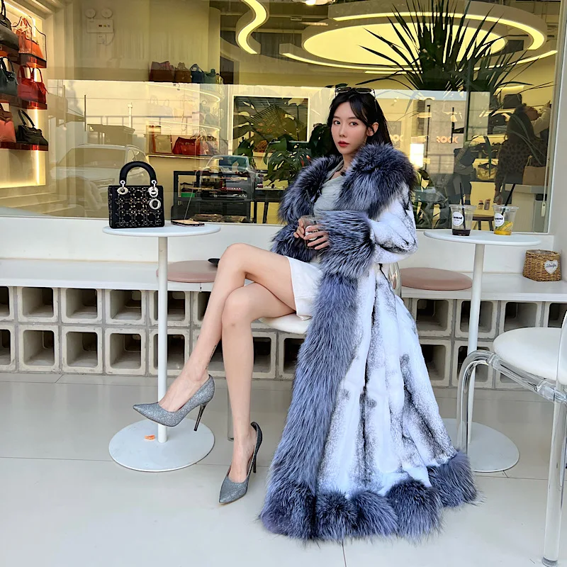 Женское длинное пальто из натурального меха кролика Рекс зимнее с воротником