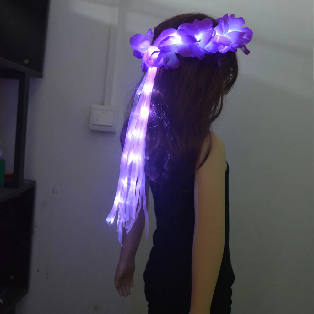 10pcs Women Girl LED Hawaiian Lei Headband Light Up Flower Crown with Long Ribbon For Birthday Wedding Party Luminous  Christmas