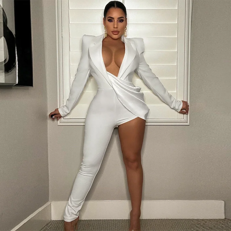 

WUHE однотонный белый черный женский сексуальный блейзер с длинным рукавом в стиле блейзера шикарный женский однотонный комбинезон