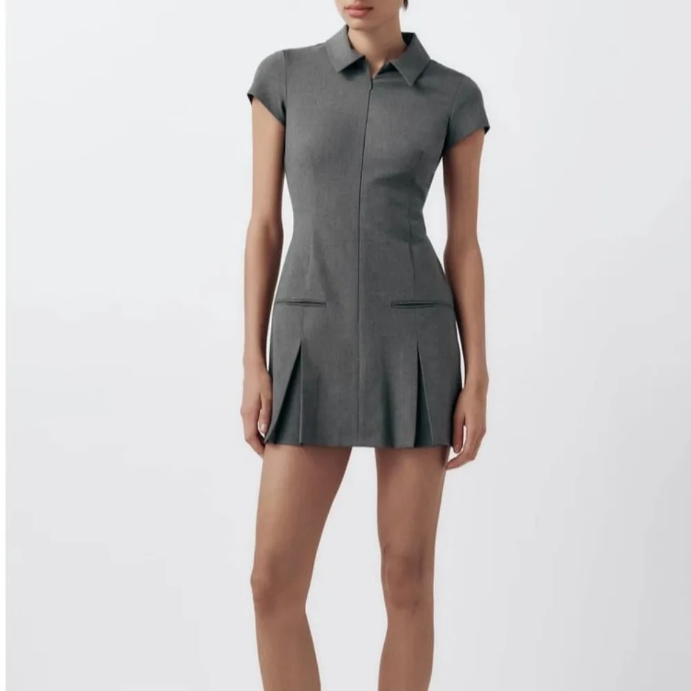 Модное широкое Плиссированное мини-платье с молнией спереди и коротким рукавом