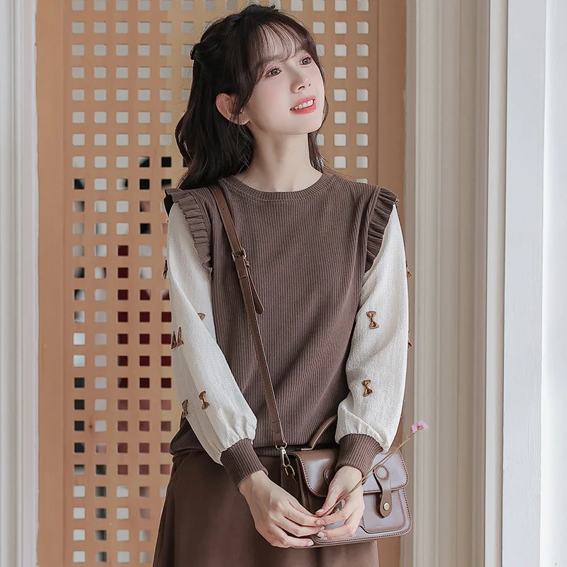 

Autumn Winter Fashion Woman Solid Casual Pullover Fake Two Piece Suit Slim Knitted Top Soft Sweet Sweater Gentle Retro Student