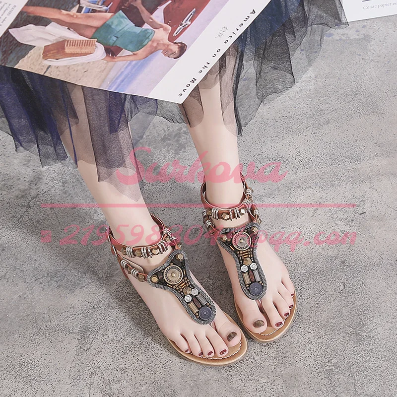 

2022 Roman Style Sandals Flat Low Heel Beaded Sandals Women Summer Leisure Ethnic Troubles Cover Heel Buckle Strap Metal Decor